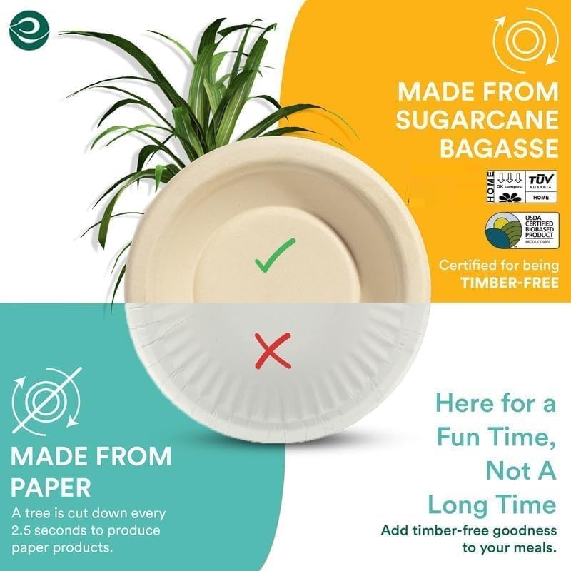 ECO SOUL 100% Compostable 16 Oz Soup Bowls [50-Pack] Disposable dessert bowls I Heavy duty paper bowl I Eco-friendly salad bowl I Biodegradable large Bowls