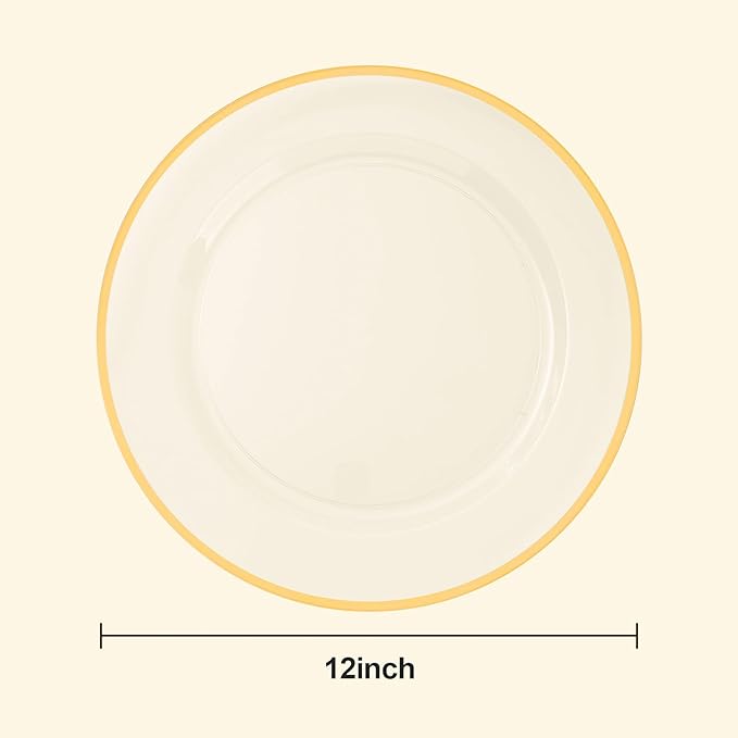 BESTSTAR 12 Inch Disposable Decor Charger Plates, 50 Pack Plastic Clear Plates with Gold Rim, Perfect Table Decor for Party, Wedding, Dinner