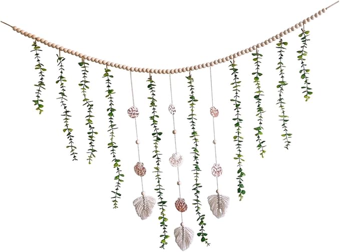 Wooden Bead Hanging Garland with Simulated Eucalyptus Leaves and Shells Lightweight Pastoral Wall Decor for Home Party Window Bedpost Shelf Photo Prop Boho Rustic Style