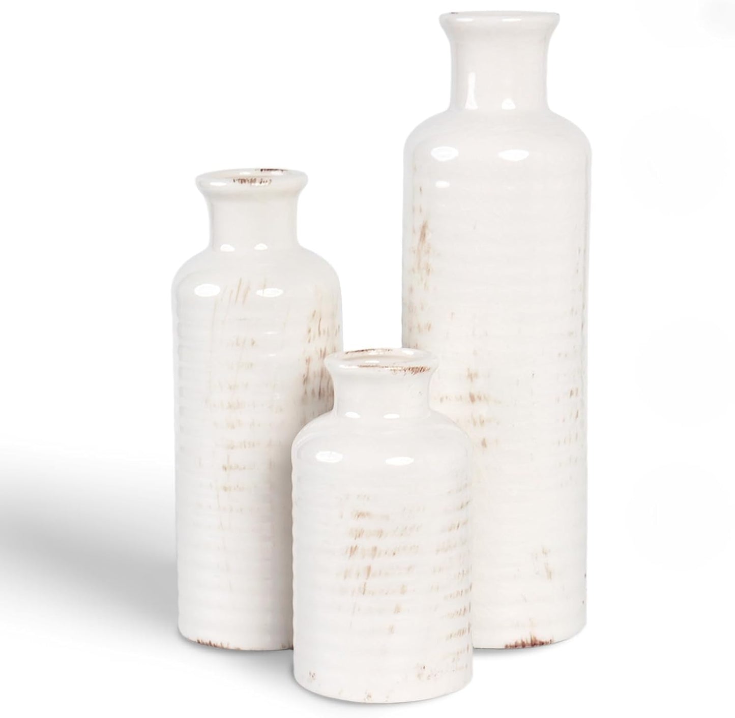 White Ceramic Vase Set of 3 – Ribbed Texture Crackle Glaze Bottle Vases for Rustic Farmhouse Table Centerpiece, Shelf & Mantel Decor
