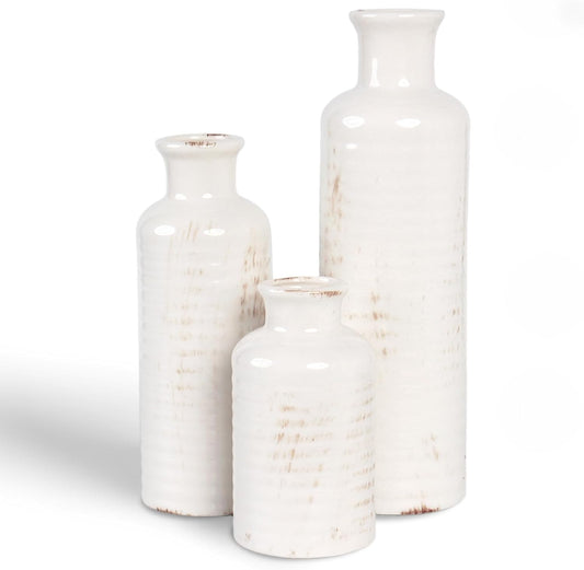 White Ceramic Vase Set of 3 – Ribbed Texture Crackle Glaze Bottle Vases for Rustic Farmhouse Table Centerpiece, Shelf & Mantel Decor