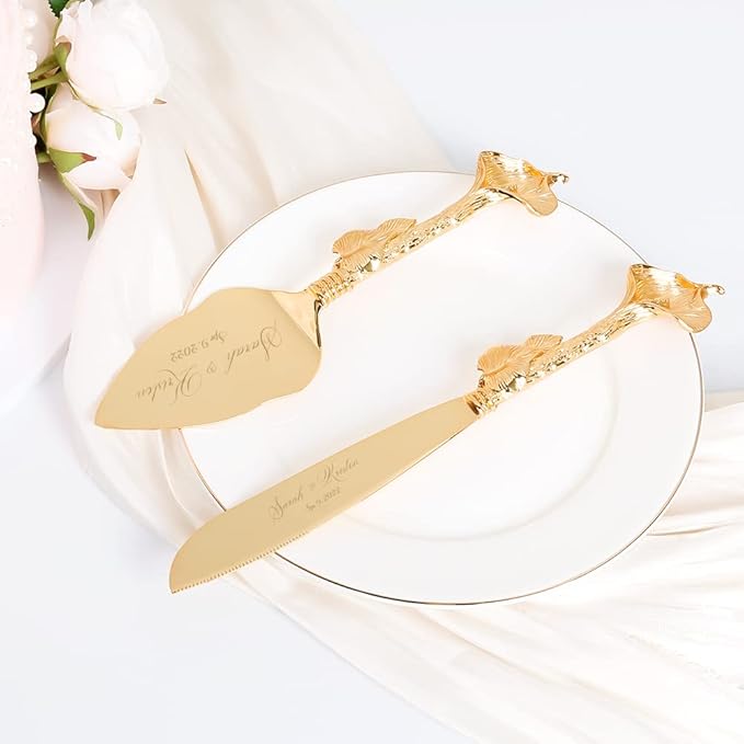 TUKDAK Cake Cutting Set for Wedding, Personalized Gold Cake Knife and Server Set, Custom Cake Serving Set, Engraved Pastry Pie Server Cake Pizza Cutter, Birthday Bridal Gift (CUS-Rustic)