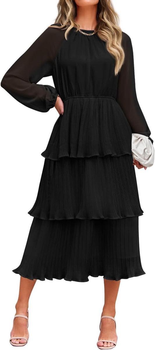 ZESICA Women's 2025 Long Sleeve Crew Neck Ruffle Tiered Layered Chiffon Flowy Swing Long Midi Dress