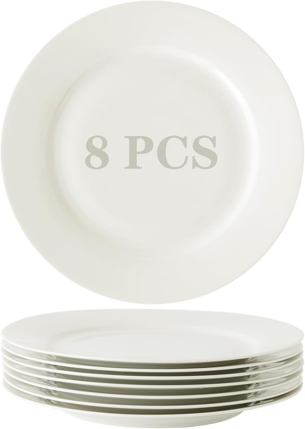 TAMAYKIM 10.5 Inch Porcelain Salad Dinner Plates 8 Pieces, Wide Rim Round Pasta Plates, Large Serving Dinnerware Sets, Scratch Resistant, Microwave, Oven, and Dishwasher Safe, White