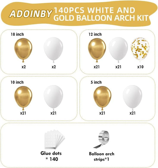 White and Gold Balloon Arch Kit, 140Pcs Matte White Metallic Gold and Gold Confetti Party Balloon Garland Kit for Wedding, Engagements, Birthday, Bridal Shower, Baby Shower Anniversary Decorations