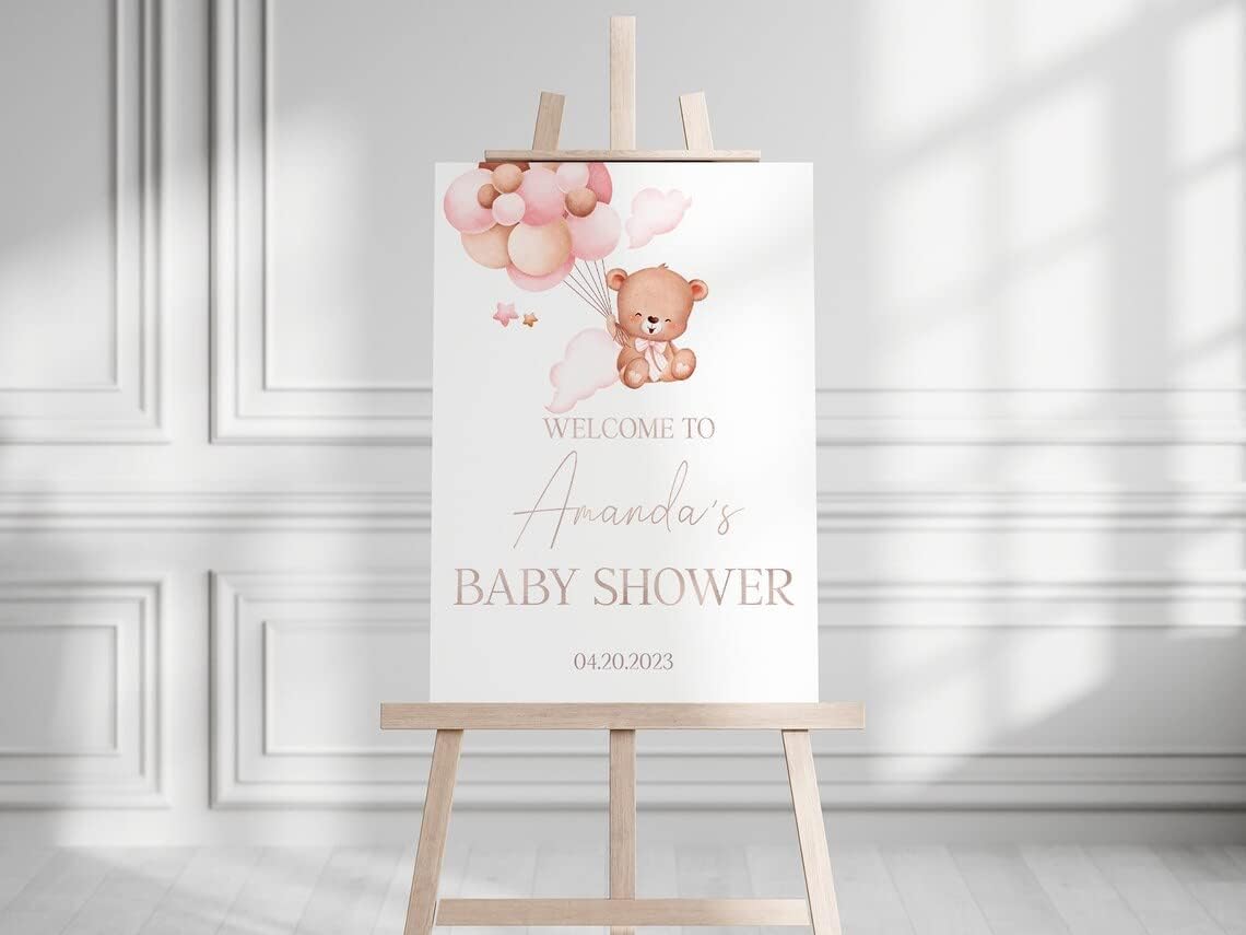 Personalized Teddy Baby Shower Welcome Sign, Welcome to Baby Shower Sign, Pink Bear Baby Shower Sign for Girls.
