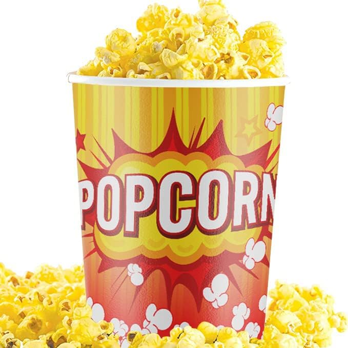 Leakproof, Super Durable 32oz Popcorn Cups 5 Pack. Grease-Proof Disposable Pop Corn Tubs With Cool Design Are the Ultimate Movie Theater Accessory. Large Containers Great for Any Party or Event