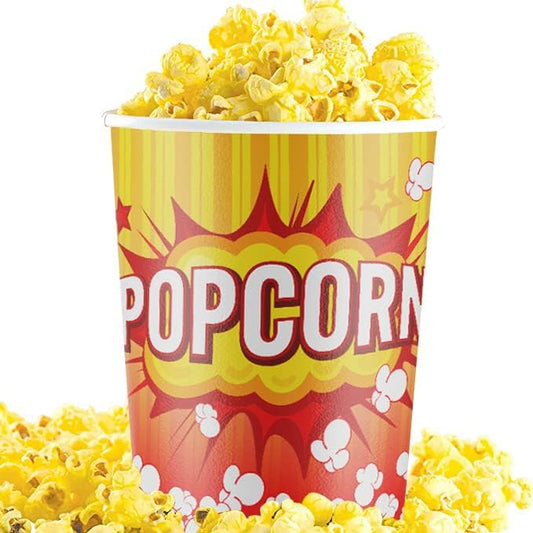 Leakproof, Super Durable 32oz Popcorn Cups 5 Pack. Grease-Proof Disposable Pop Corn Tubs With Cool Design Are the Ultimate Movie Theater Accessory. Large Containers Great for Any Party or Event