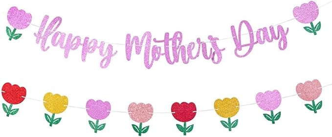 Happy Mother's Day Banner Set Decoration for Mother's Day Party Decorations Backdrop Garland for Mom Mother's Day Glitter Garland Photo Props (Pink Tulip)
