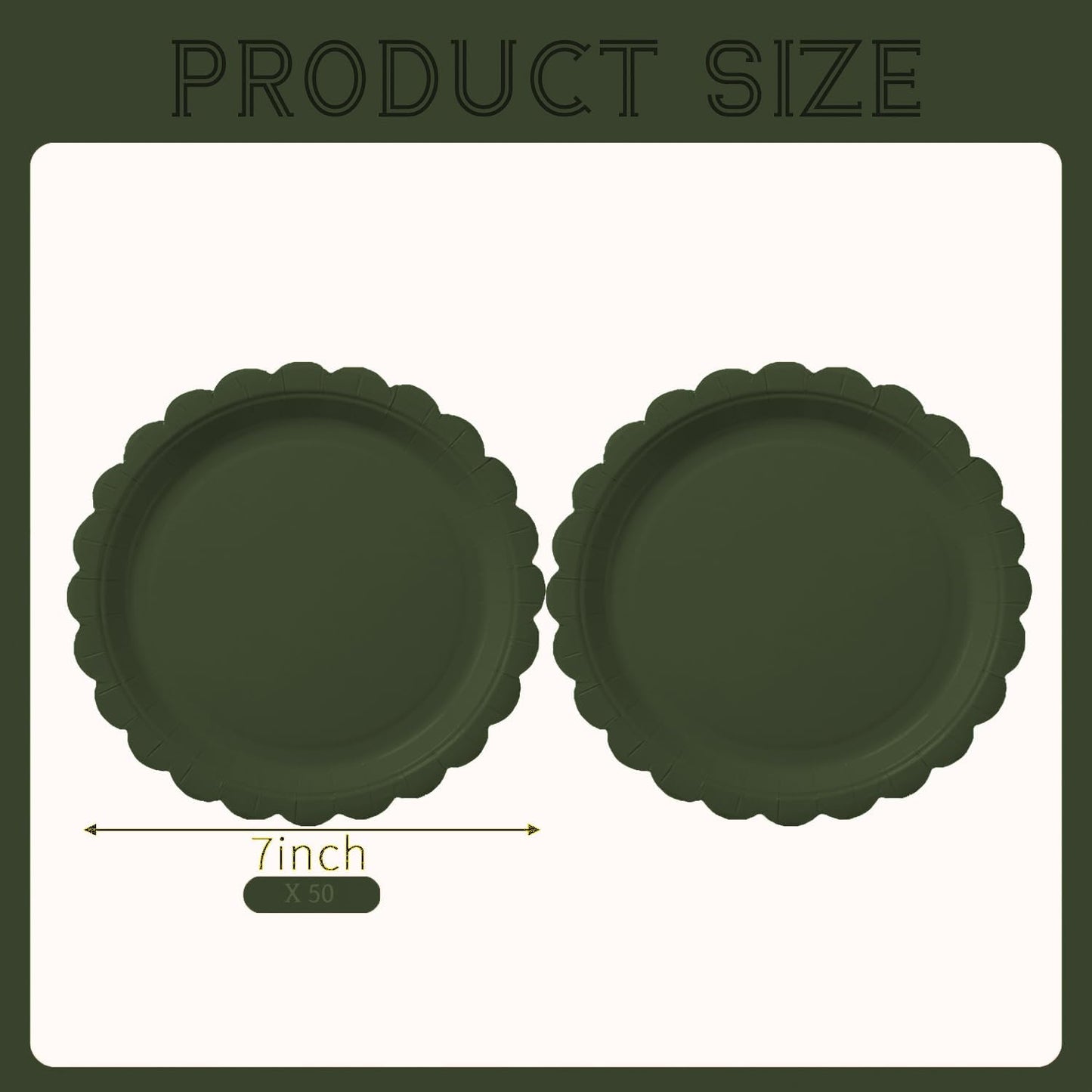 BEFORYOU 50PCS Scalloped Disposable Paper Plates 9IN Dessert Cake Party Plates for Baby Shower, Wedding,Bridal Shower Birthday Party Supplies (Olive-Green, 7IN)