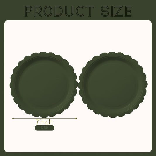 BEFORYOU 50PCS Scalloped Disposable Paper Plates 9IN Dessert Cake Party Plates for Baby Shower, Wedding,Bridal Shower Birthday Party Supplies (Olive-Green, 7IN)