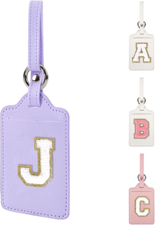 Personalized Initial Luggage Tags for Suitcases, Leather Chenille Letter Cute Luggage Tags with Privacy Name Card, Embroidered Travel Bag Backpack Tags Gifts for Women Kids Girls Teens(Purple-J)