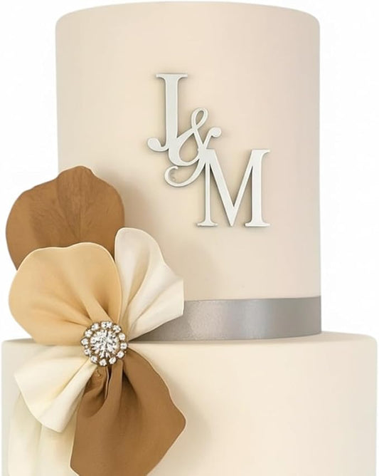 Personalized Gold Wedding Cake topper– Custom Couple Initials, Elegant Custom Cake Decoration for Modern Weddings (Silver)