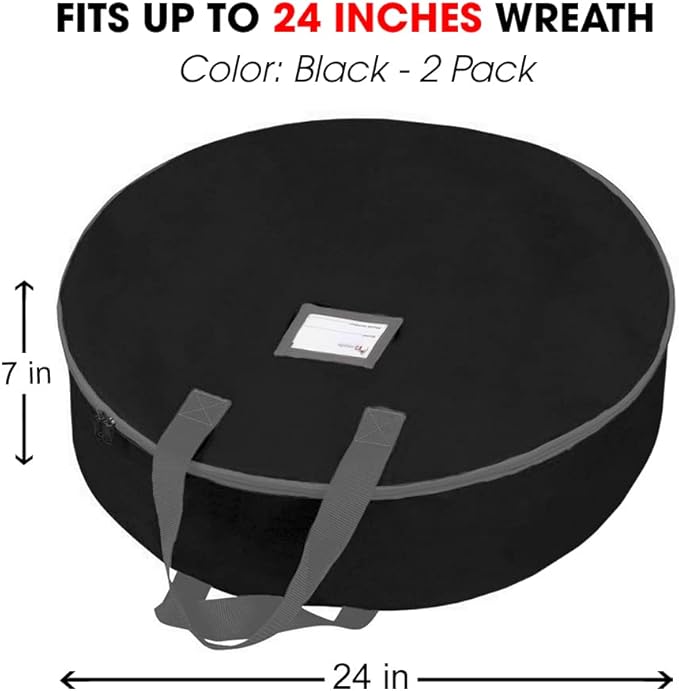 Primode Christmas Wreath Storage Bag 24",2 Pack Artificial Wreath Container,Garland Holiday Xmas Wreaths Holder,Sturdy Handles,Inner Straps,Card Slot Dual Zipper Strong Oxford (24 Inch, Black)
