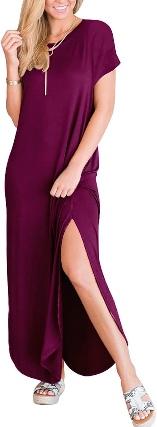 ANRABESS Womens Summer Maxi Dress Short Sleeve Casual Loose Long T Shirt Dresses Split Vacation Beach Sundress Travel Outfits