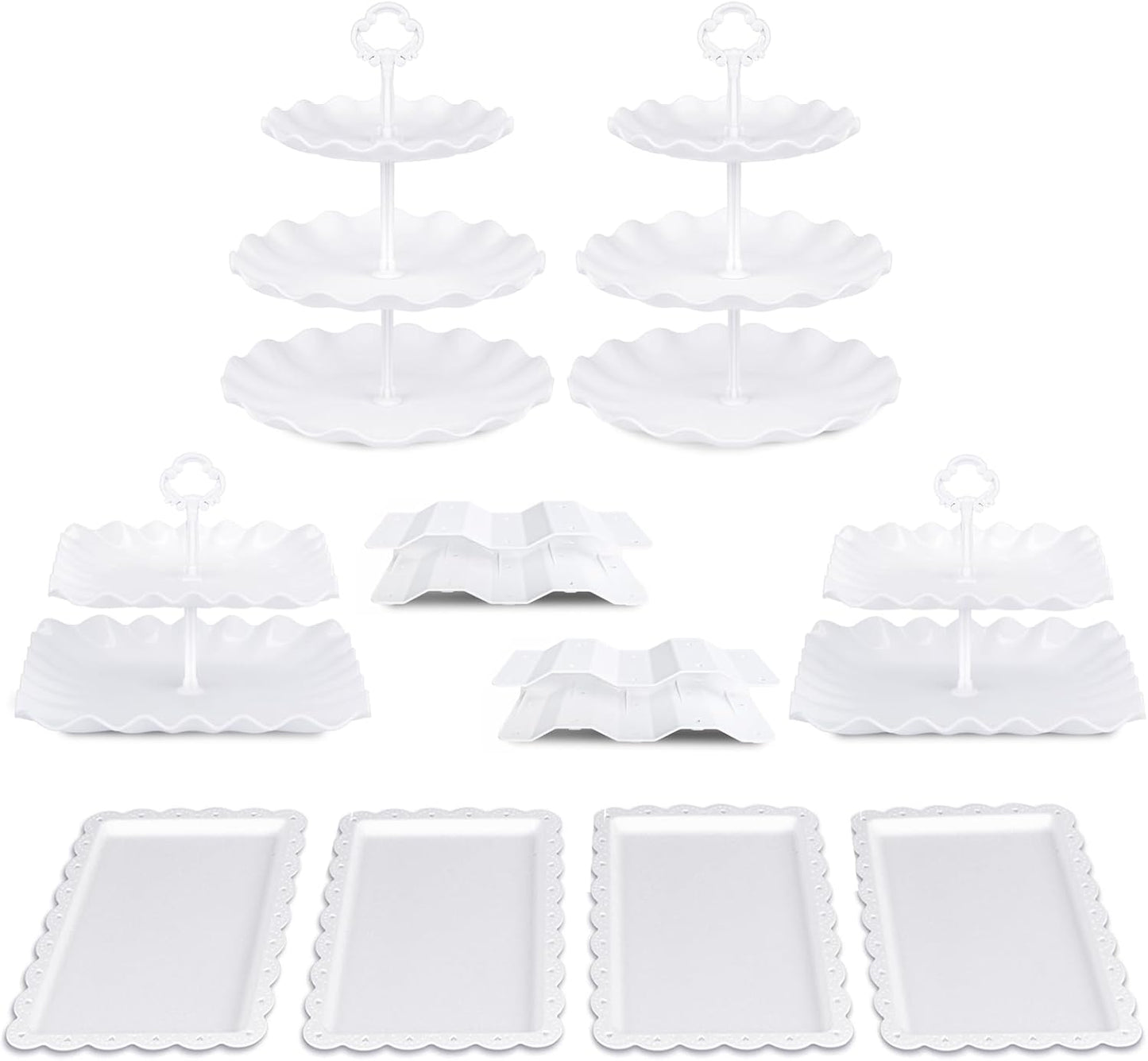 Pack of 10 NWK Dessert Stand Set with 2X Large 2-Tier and 2X Large 3-Tier Cupcake Stands, 4 x Appetizer Trays, 2 x Cake Pop Stands, for Birthday Baby Shower Party Decorations