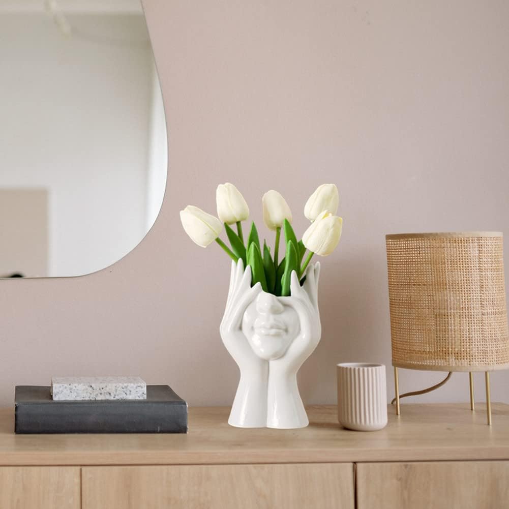 White Ceramic Face Vase, Female Form Head Half Body Bust Vases Boho Feminist Minimalism Decorative Modern Nordic Style Flower Vase for Home Living Room Office Book Shelf Decor (Medium)