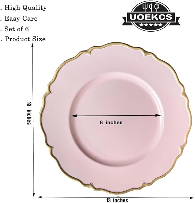 Pink scalloped charger plates with Gold rim, 13" Round Chargers for Dinner Plates, Set of 6 Plastic Plate Chargers for Weddings, Parties, Tabletop Decor.