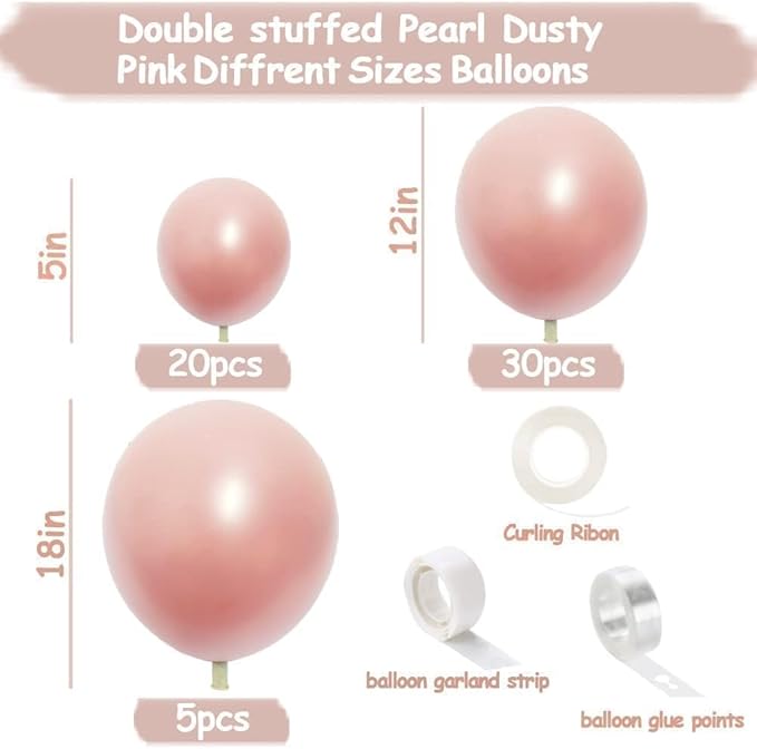 Pink Balloon Garland Double Stuffed Dusty Rose Blush Pink Balloons Different Sizes 18/12/5in Pearl Balloon Arch Kit for Birthday Wedding Bridal Baby Shower Mother's Day Party Decor