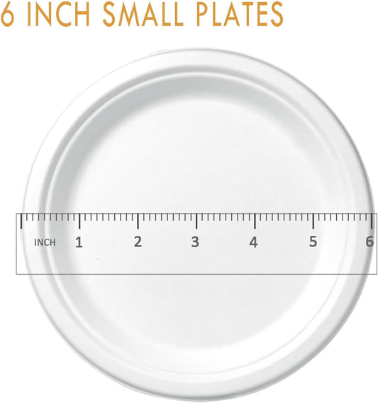 500 Count 6 Inch Small Heavy Duty Compostable Dessert Plates, Biodegradable Bagasse and Bamboo Fiber Paper Plates