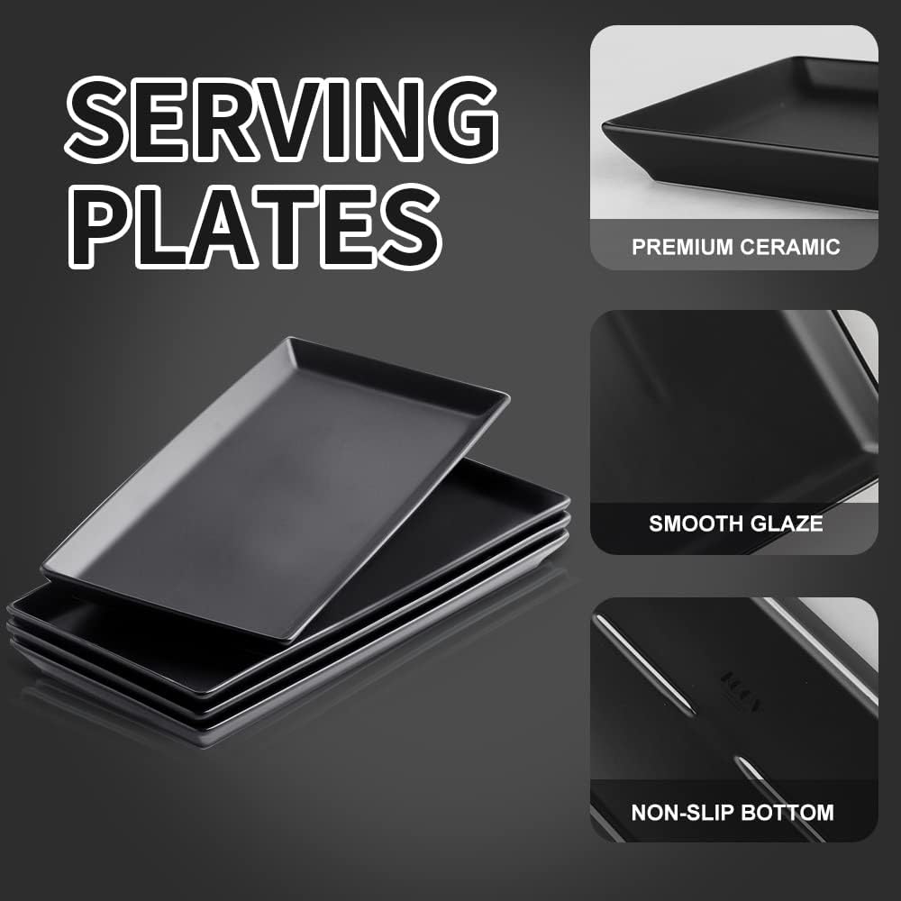 Ceramic Serving Tray, 14 Inches Large Serving Platter, Rectangular Serving Tray, Porcelain Serving Plates, Ceramic Serving Dishes for Dinner, Party, Sushi, Dessert, Food, Set of 4 (Matte Black)
