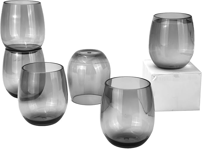 Set of 6 Acrylic Wine Glasses, 20-ounce Plastic Tumbler for Home Party Use,BPA Free,Dishwasher Safe (Grey)