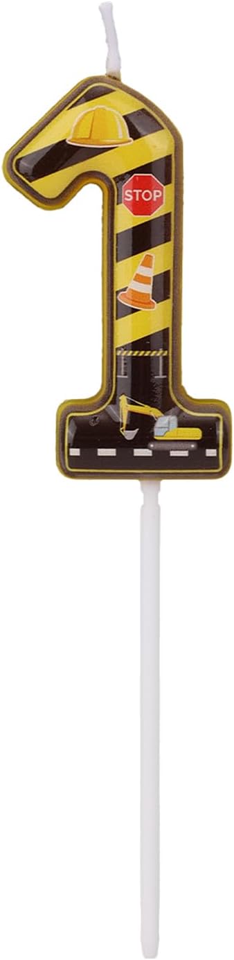 Construction Birthday Number Candles, Yellow & Black Striped Cake Topper Building Theme Party Decorations for Graduation Anniversary Celebration (Number 1)