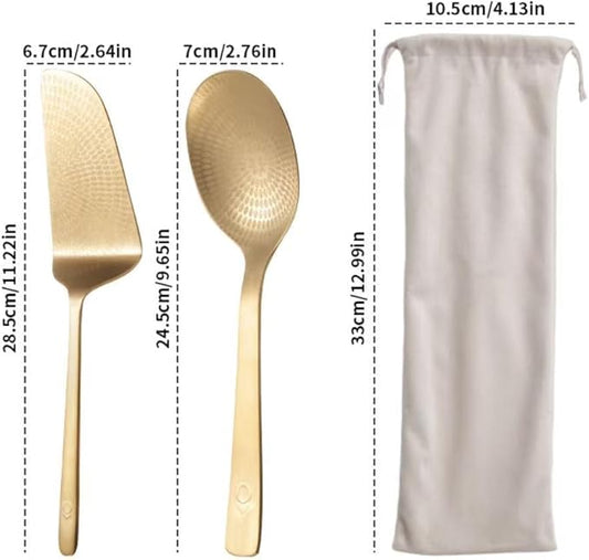 OPRAKT HOME Gold Kitchen Set, 11-inch Cake Spatula and 10-inch Serving Spoon with Storage Bag, Stainless Steel