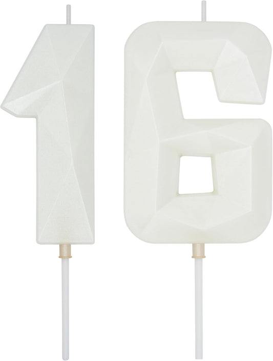 DERVENTA Large Birthday Candle Number 3D White 3.7 inch Party Celebration Anniversary Decoration Cake Topper 1 Piece (Number 16 White)