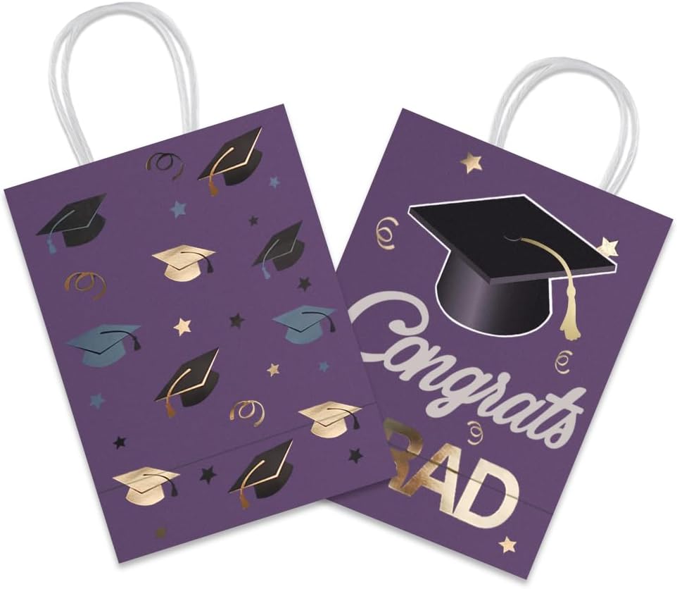 12 Pieces Graduate Gift Bags, Graduation Party Favor Gifts Wrapping Bags for Graduation Season Theme Party Supplies Decoration (Purple Gold)