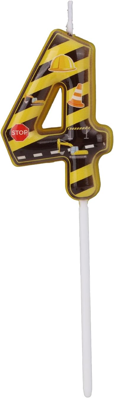 Construction Birthday Number Candles, Yellow & Black Striped Cake Topper Building Theme Party Decorations for Graduation Anniversary Celebration (Number 4)