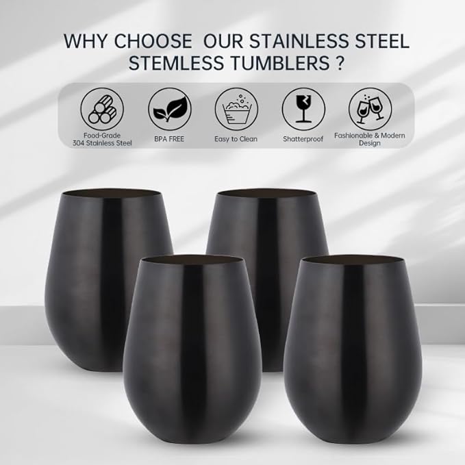 Buyer Star 304 Stainless Steel Wine Glasses Set of 4 - Large 17 oz Outdoor Stemless Wine Tumblers - 100% Unbreakable & Stemless Metal Drinking Cups for Home and Outdoors Dishwasher safe (Black)