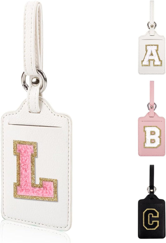 Personalized Initial Luggage Tags for Suitcases, Leather Chenille Letter Cute Luggage Tags with Privacy Name Card, Embroidered Travel Bag Backpack Tags Gifts for Women Kids Girls Teens(White-L)