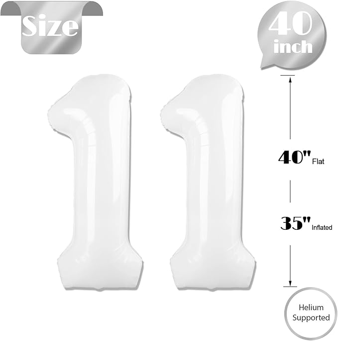 White Number 11 Balloon 40 inch, Translucent 11 Number Balloons, 11th White Birthday Decorations for Girls Boys, 11 Year Old Party Supplies