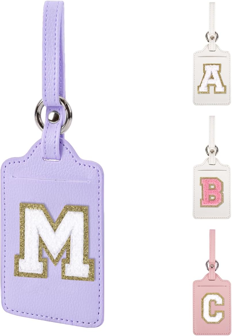 Personalized Initial Luggage Tags for Suitcases, Leather Chenille Letter Cute Luggage Tags with Privacy Name Card, Embroidered Travel Bag Backpack Tags Gifts for Women Kids Girls Teens(Purple-M)