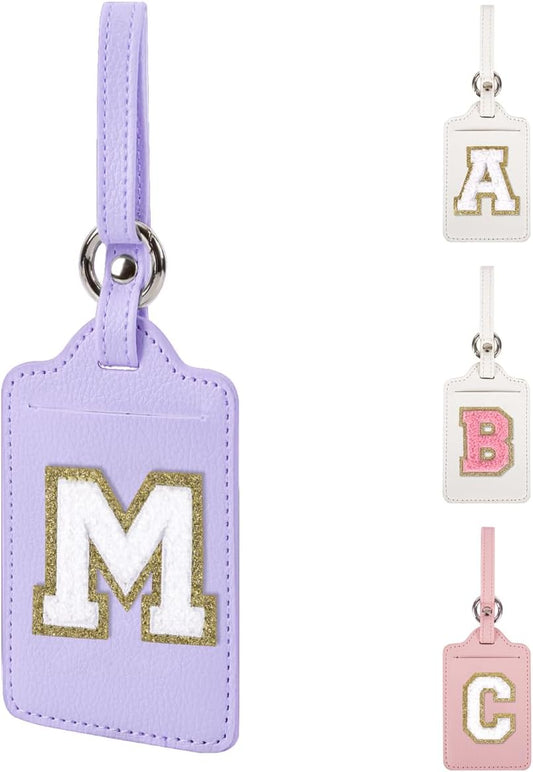 Personalized Initial Luggage Tags for Suitcases, Leather Chenille Letter Cute Luggage Tags with Privacy Name Card, Embroidered Travel Bag Backpack Tags Gifts for Women Kids Girls Teens(Purple-M)