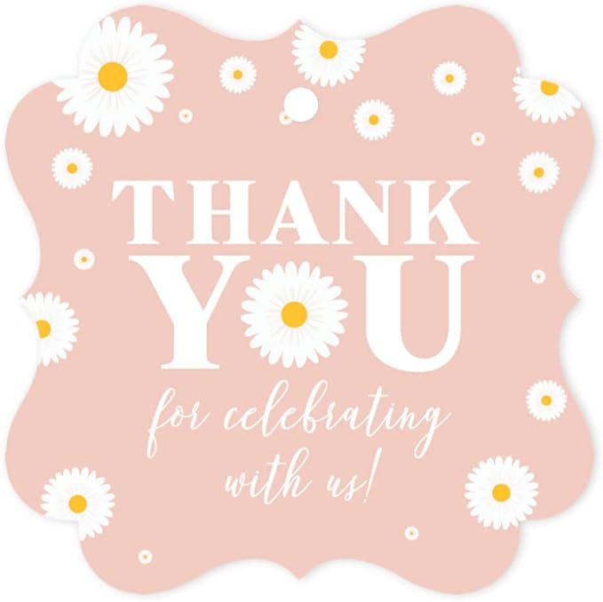 Andaz Press Fancy Frame Kids Party Favor Thank You Tags with String - 48-Pack Daisy Birthday Gift Tags for Favor Bags, Goody Bags, Gift Box, Girls, Baby Shower 1st Birthday Party Favors