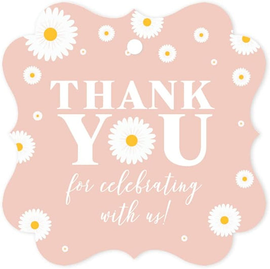 Andaz Press Fancy Frame Kids Party Favor Thank You Tags with String - 48-Pack Daisy Birthday Gift Tags for Favor Bags, Goody Bags, Gift Box, Girls, Baby Shower 1st Birthday Party Favors