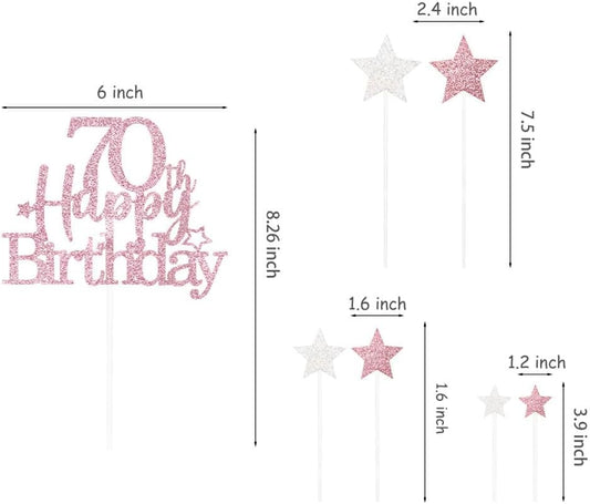 Glittery 70th Happy Birthday Cake Topper with Star,Personalised 70 Birthday Cake Toppers Party Decorations Party Supplies for Men Women Rose Gold