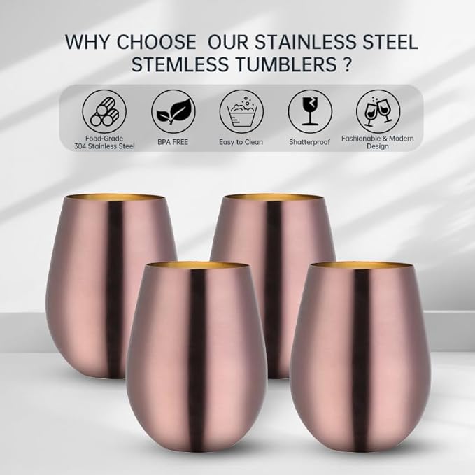 Buyer Star 304 Stainless Steel Wine Glasses Set of 4 - Large 17 oz Outdoor Stemless Wine Tumblers - 100% Unbreakable & Stemless Metal Drinking Cups for Home and Outdoors Dishwasher safe (RoseGold)