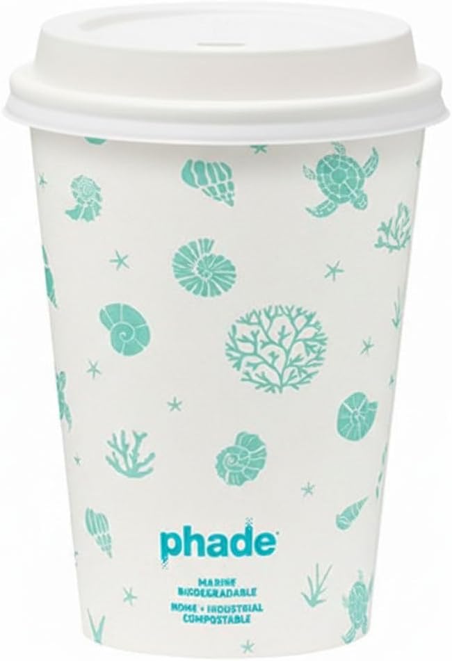 phade 16 oz Paper Hot Cups with Lids - 80 Count - Marine Biodegradable, Compostable & PFAS-Free - Made in USA Eco Coffee Cups, Sealife Blue,