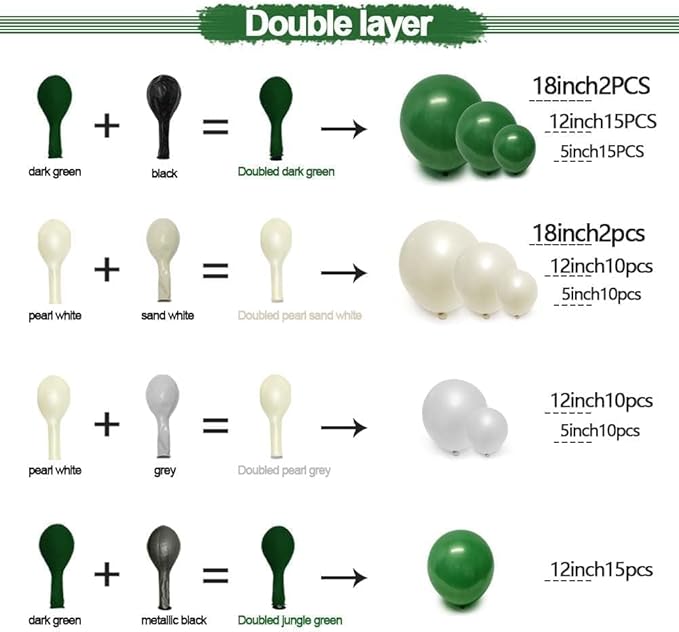 Green White Balloon Garland Double Stuffed Latex Emerald Green Sand White Cream Grey Pearl Balloon Arch Different Sizes for Christmas Wild One Wedding Baby Shower Birthday Jungle Party Decor