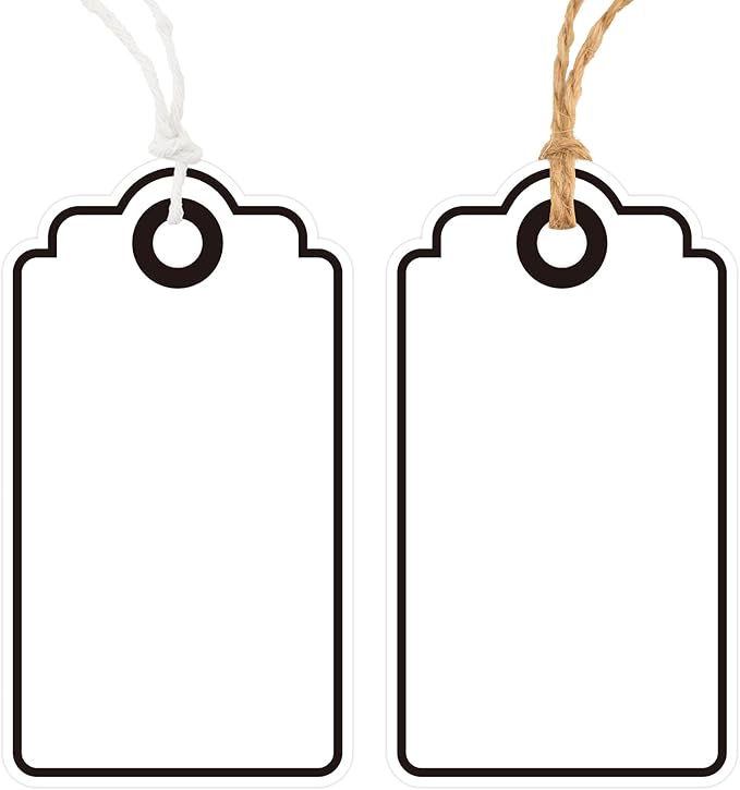Anwyll Gift Tags with String - 100Pcs Black Gift Bag Tags Personalized White Blank Hanging Paper Label Tag for Baby Shower Birthday Party Wedding Christmas Favor Present
