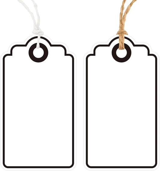 Anwyll Gift Tags with String - 100Pcs Black Gift Bag Tags Personalized White Blank Hanging Paper Label Tag for Baby Shower Birthday Party Wedding Christmas Favor Present