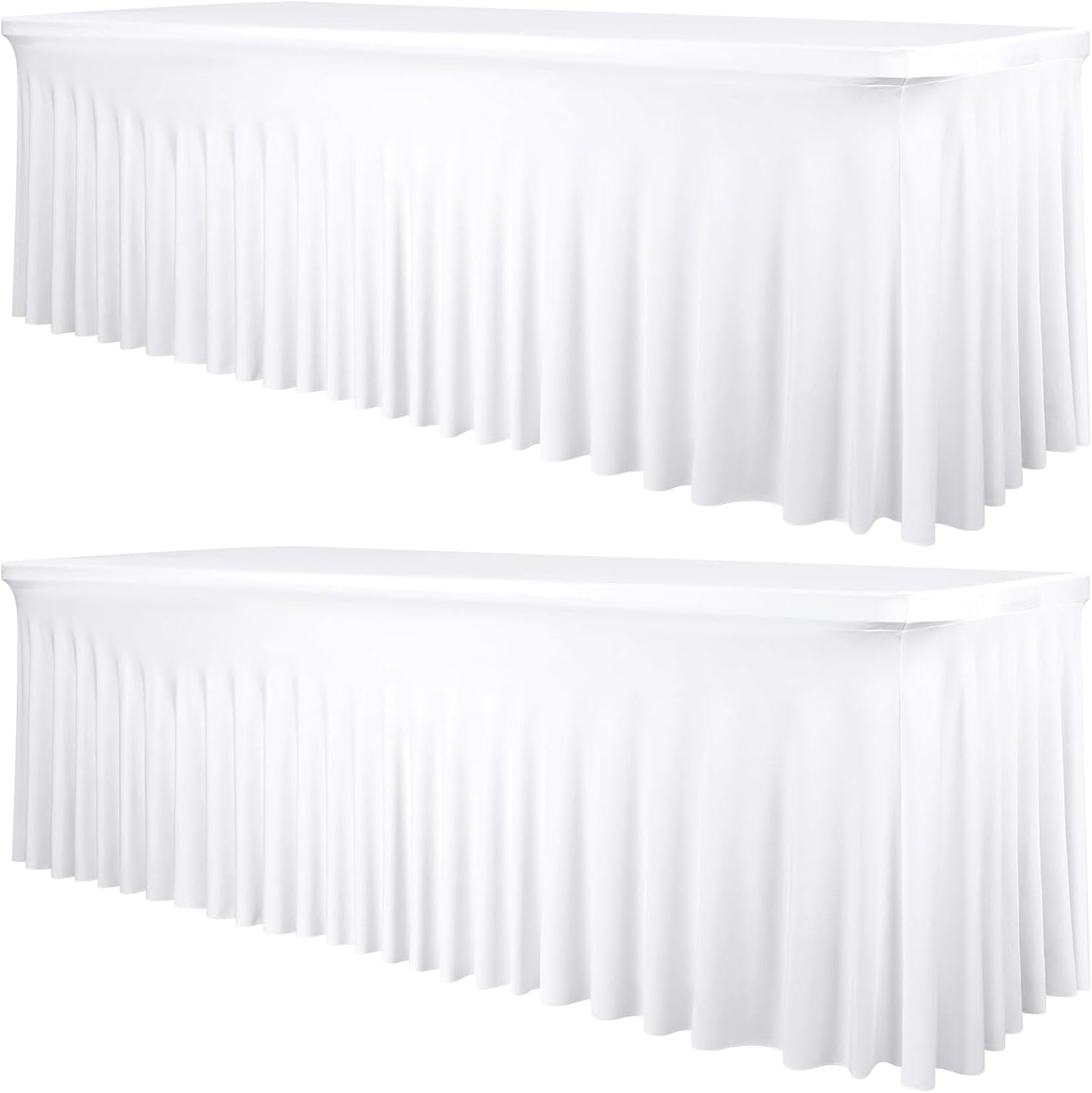 2 Packs White Stretch Table Skirts for 8 Foot Rectangle Table, Washable Spandex Stretch Tablecloths with Skirt, Wrinkle Resistant Fitted Tablecover for Wedding Party Banquet