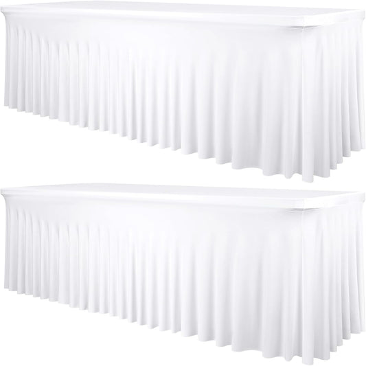 2 Packs White Stretch Table Skirts for 8 Foot Rectangle Table, Washable Spandex Stretch Tablecloths with Skirt, Wrinkle Resistant Fitted Tablecover for Wedding Party Banquet