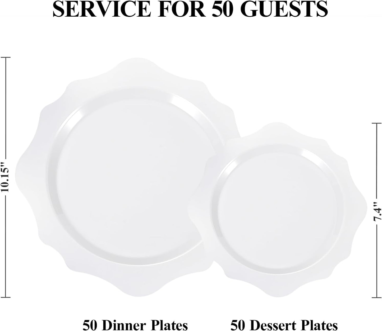 100 PCS White Disposable Plates for 50 Guests, Scalloped Plastic Plates Include 50 Dinner Plates and 50 Dessert Plates for Party, Wedding