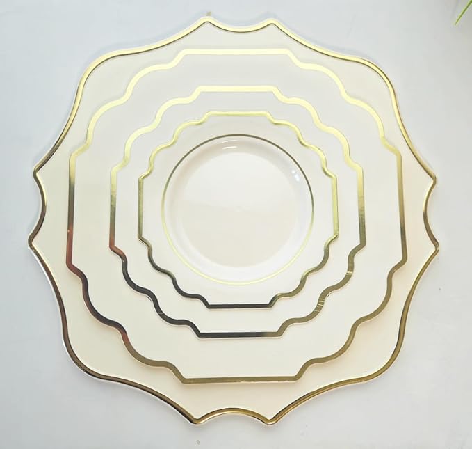 " OCCASIONS " 40 Pieces 13.25'' Scalloped Disposable/Reusable Plastic Charger Plates for Wedding, (Scalloped Imperial Ivory & Gold)