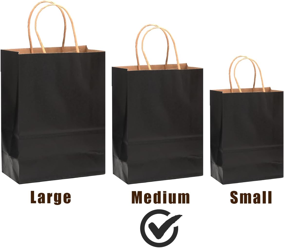 qiqee 200-Packs Black Paper Gift Bags with Handles Bulk 10.6"x8.3"x4.3" Medium Size Paper Bags Multiple Uses