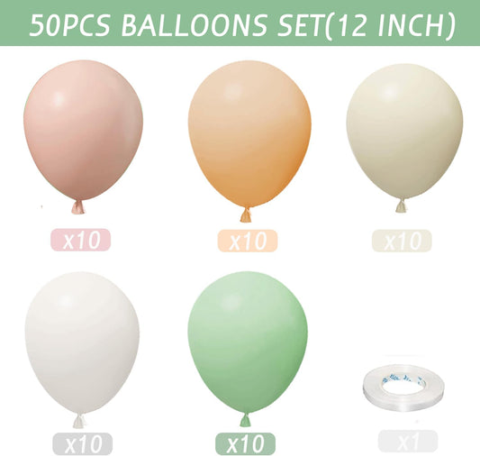 Pink and Dusty Green Balloons,50Pcs 12 Inch Brown Nude Boho White balloons Balloons with Ribbon for Girls Women Birthday Bridal Shower Wedding Tea Party Decorations